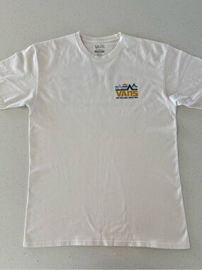 Vans White Short-Sleeve Tee with Small Blue and Gold Logo